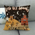 Detail of linen Halloween pillow cover with Let's GET spooky text and haunted castle design - Haunted Castle Ghost Illustration Style (4)