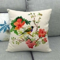 Close-up of linen cushion cover featuring watercolor birds and red floral patterns - Watercolor Red Flower and Colorful Bird (11)