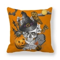 Halloween-Kissenbezug in Orange mit Totenkopf, Kürbis und Schloss-Design - Orangener Hintergrund Zaubererhut Skelett Kürbis Eule (3)
