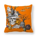 Halloween Kissenbezug in Orange mit Totenkopf, Kürbis und Grabstein aus Peach-Skin - Orangener Hintergrund Hexenhut Skelett Kürbis Krähe (4)