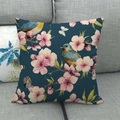 Close-up of linen pillowcase featuring floral and bird patterns on a gray sofa - Dark Cyan Background Pink Flowers and Blue Bird (17)