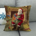 Linen Christmas pillow case featuring Santa carving wood toys by the fireplace - Santa Claus Carving Puppets Style (17)