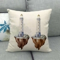 Detailed texture of linen cushion cover featuring watercolor nautical lighthouse illustration - 18x18 Inch / Floating Island Lighthouse