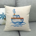 Close-up of linen pillowcase texture featuring a cartoon nautical boat watercolor print - 18x18 Inch / Cartoon Boat