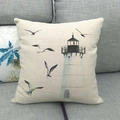 Lighthouse and seagull print square linen pillow cover on a cozy gray sofa - 18x18 Inch / Lighthouse and Seagulls
