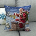 Linen Christmas pillow case with vintage Santa Claus and red sack on blue night sky - Santa Claus on Chimney Style (19)