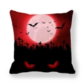 Detailed macro view of Halloween peach skin pillowcase with red moon and bat cemetery pattern - 45x45cm / Red Moon Thriller Graveyard