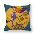 Macro detail of thick peach skin fabric texture with Halloween witch illustration print - 45x45cm / Deep Cyan Halloween Illustration