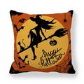 Detail of Happy Halloween pillow case with witch, pumpkin and bat on peach skin fabric - 45x45cm / Witch Riding Broom Pattern