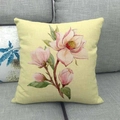 Linen cushion cover with watercolor plum blossom and bird pattern on grey sofa - Watercolor Pink and White Magnolia (11)