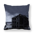 Close-up of Halloween pillowcase with dark haunted house and lake art print - Deep Blue Lake Cabin Style (6)