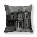 Detailed close-up of Halloween ghost and haunted house print on thick peach skin pillowcase - Lightning & Ghost Lady Style(7)