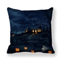 Detail of Halloween house cushion cover with glowing pumpkins and bats on dark fabric - Glowing Cabin in Woods Style (8)