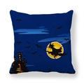 Funda de cojín azul de Halloween con bruja volando, murciélagos y silueta de castillo - Estilo Bruja Voladora