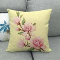 Square linen cushion with pink magnolia flower watercolor print on gray sofa - Beige Background Realistic Magnolia (12)