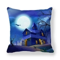 Détail de taie d'oreiller Halloween avec château hanté, chauves-souris et chat noir - Taille Standard / Château au clair de lune et chat noir (7)