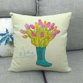 Detailed close-up of linen pillowcase with Spring time rain boots and tulip print - Spring Rain Boots Tulips (5)