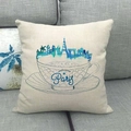 Detail of linen pillowcase featuring a blue watercolor Paris skyline inside a coffee cup - Paris Skyline In Cup (8)