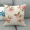 Plum blossom and bird linen cushion cover featuring pink magnolia flowers on gray sofa - Chinese Watercolor Magnolia (13)