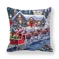 Close-up of peach skin Christmas cushion cover featuring Santa and reindeer in snow - Christmas Village Snow Scene (22)