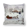 Detail of Christmas pillow cover showing a red sleigh and winter village on peach skin fabric - Winter Snow Folklore (26)