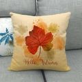 Detail of Hello Autumn linen pillow cover featuring red maple leaf on grey sofa - 45x45cm / Hello Autumn Maple Leaf Style (8)
