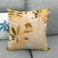 Detailed macro view of linen square pillowcase with yellow tropical leaf patterns - 45x45cm / Golden Tropical Leaf Style (9)