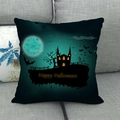 Linen Halloween cushion cover with haunted castle scene and Happy Halloween text on sofa - 18x18 Inch / Midnight Castle Scene (6)