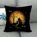 Halloween throw pillow with moon and spooky castle illustration on linen sofa - 18x18 Inch / Glowing Eyes and Castle (7)