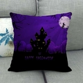 Detail of purple Halloween linen pillow cover with haunted house and witch on grey sofa - 18x18 Inch / Purple Witch and Moon (9)