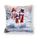 Christmas snowman family print square pillowcase in thick peach skin fabric with red scarf - Three Snowmen in Woods (29)
