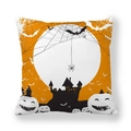 Halloween decorative pillow case with orange pumpkin, bat and castle silhouette print - 45x45cm / Full Moon Castle Pumpkin Pattern