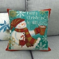 Linen Christmas snowman throw pillow cover with Merry Christmas greeting on sofa - Snowman With Hot Drink Style