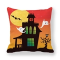 Detail of Halloween pillowcase with haunted castle, ghost and bat pattern on peach skin fabric - 18x18 Inch / Castle Ghost Full Moon Style (5)