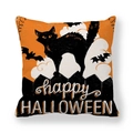 Halloween throw pillow cover featuring a black cat, bats, and Happy Halloween text - 18x18 Inch / Arched Black Cat Bat Style (7)