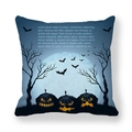 Detail of Halloween pillowcase featuring pumpkin lanterns and bat silhouettes on blue fabric - Cold Blue Pumpkin Dead Tree Style (14) / 18x18 Inch