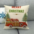 Funda de cojín navideña de lino con coche rojo y perros sobre un sofá de tela - 45x45 cm / Estilo Coche de Navidad con Perro (13)