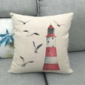 Linen pillow cover with red lighthouse and seagulls print on cream fabric - 18x18 Inch / Lighthouse Seagulls Flock