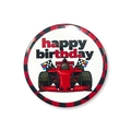 Détail d'un badge en fer-blanc de 58mm avec voiture de course et texte Happy Birthday - Style Coureur Rouge avec Bordure à Damier (3) / 58mm
