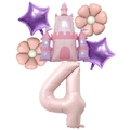 Detail view of pink princess castle, number 4, stars and daisy aluminum foil balloons set - Number 4 / Baby Pink