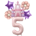 Detail view of 6-piece pink number 5 birthday balloon set with castle and flower shapes - Number 5 / Baby Pink