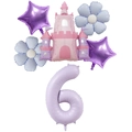 6-piece balloon set with princess castle, daisies, stars and purple number 6 for birthday - Number 6 / Creamy Purple