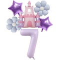 Detail of macaron purple princess castle foil balloon set with number 7 and flowers - Number 7 / Creamy Purple