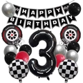 Rennwagen-Thema 3. Geburtstag Set mit Zielflaggen und schwarzer Zahl 3 Folienballon - 3. Geburtstag Set