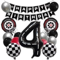 Rennwagen 4. Geburtstag Set mit Karo-Flaggen, Reifen-Ballons und Zahl 4 Folienballon - 4. Geburtstag Set