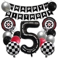 Kit ballons 5ème anniversaire thème course avec chiffre 5 route et drapeaux à damier - Set de 5ème Anniversaire