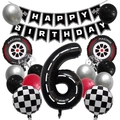 Kit fête course avec bannière à damier, ballon chiffre 6 et pneus en aluminium - Set de 6ème Anniversaire