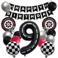Kit déco 9e anniversaire course automobile avec drapeaux damiers et ballons pneus - Set de 9ème Anniversaire