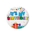 Macro detail of a 58mm birthday tinplate badge with colorful It's My Birthday slogan - IT'S MY BIRTHDAY (Balloon Gift Style A)