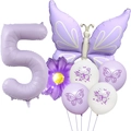 Purple birthday set with number 5 balloon, butterfly foil and daisy flower decorations - Matte Purple Butterfly Set 5